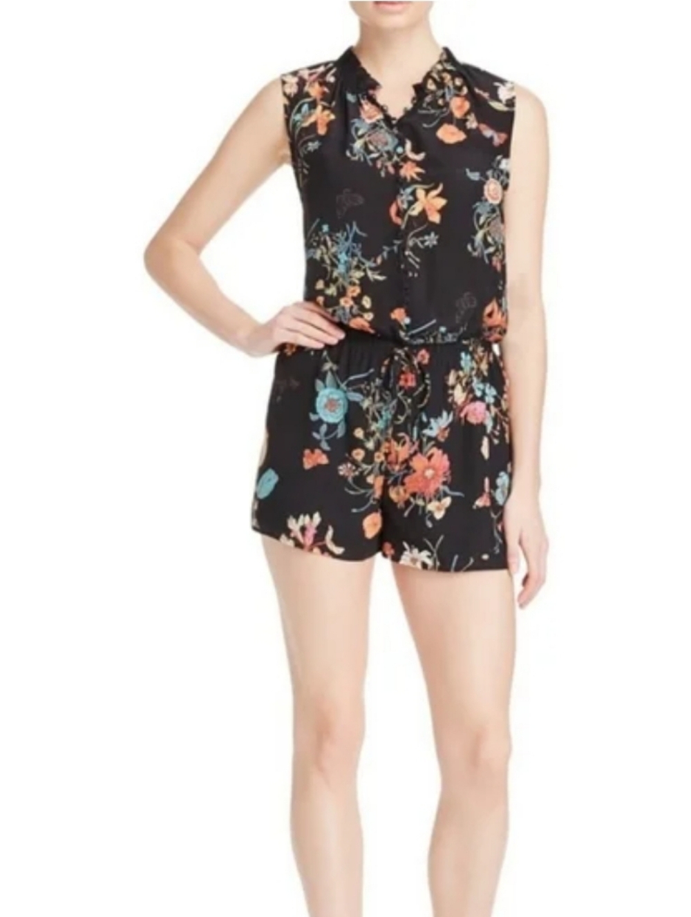 🌻386.Rebecca Taylor Silk Meadow Black Floral Romper